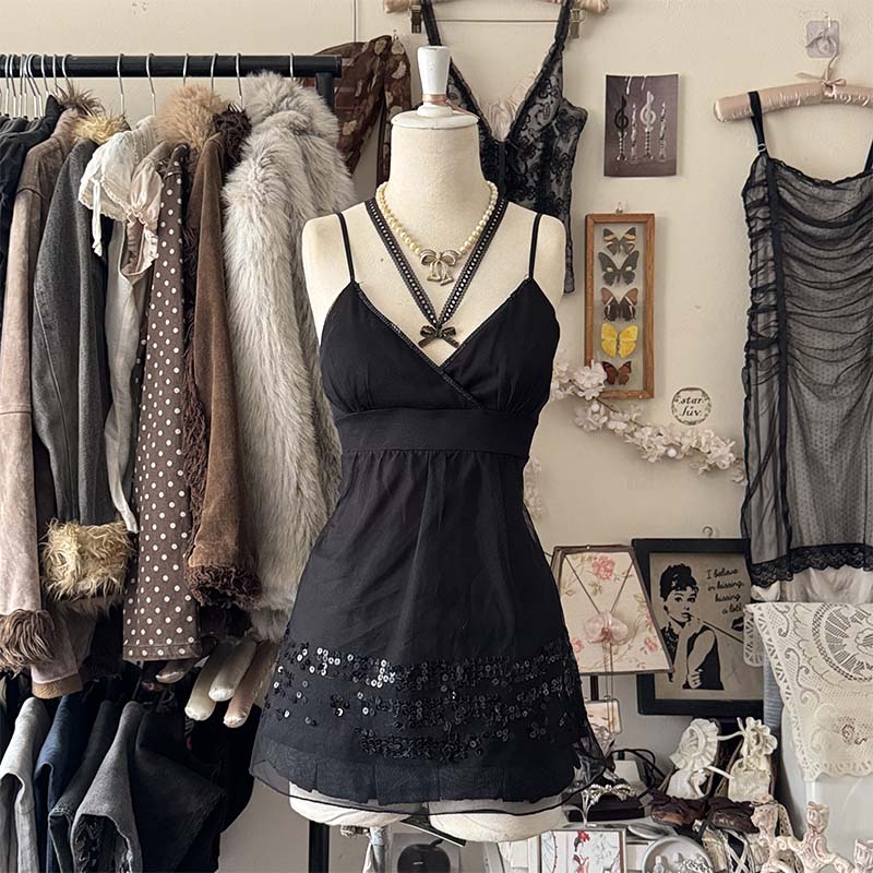 ♬.black tulle top w shine ྀི১