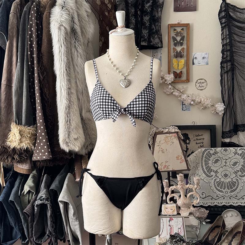ପ๑• checkered bikini b&w ଓ