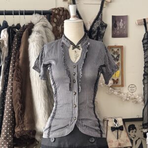 +໒ gothic gray&black striped blouse w lace ๑ଓ