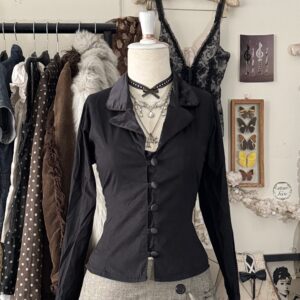 .ೃ࿔: unique black blouse w cute buttons ଓ