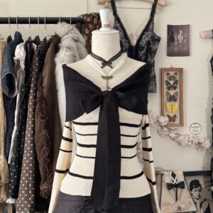 ✧˚⊹cute shoujo strapless striped cream w a bow ༊*·˚