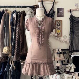 𓍯 ִֶָ lovely mocca mori kei mini dress w ruffles ੭*