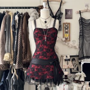 ౨ৎ *cute red top / mini dress w lace&bow ྀི১