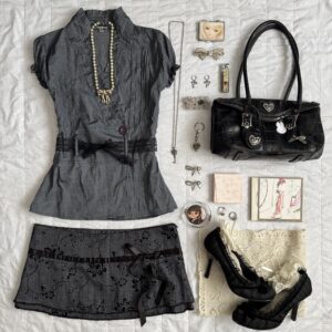 ໒⊹˚gray mini skirt w orchid details + romantic gray blouse༉‧₊ৎ