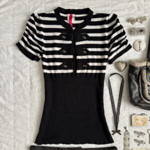 ꒰ঌ unique striped blouse b&w w napoleon details༄ *ੈ