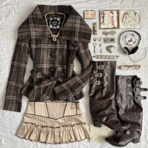 ໒⊹˚tartar brown chic coat + pudin mini skir w ruffles ༉‧₊ৎ
