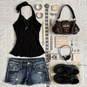 ໒⊹˚black halter top w lace + shorts rock revival ༉‧₊ৎ
