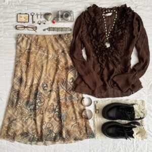 ໒⊹˚brown tull fairy blouse + ethereal tartar skirt ༉‧₊ৎ